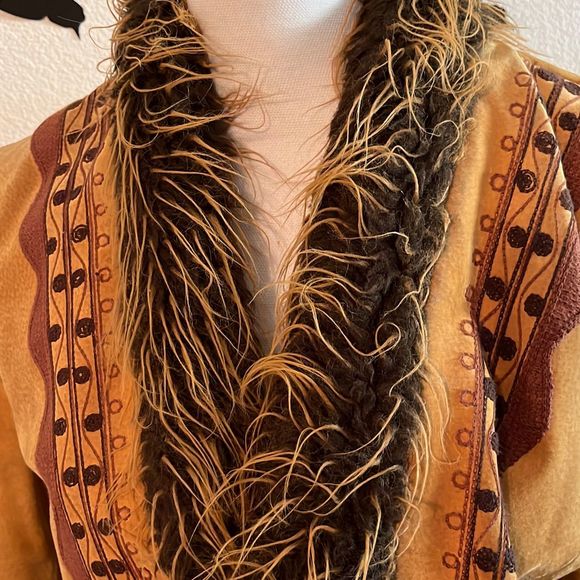 Vintage Boho Styled Leather Coat with Faux Fur trim Large - Picture 2 of 16